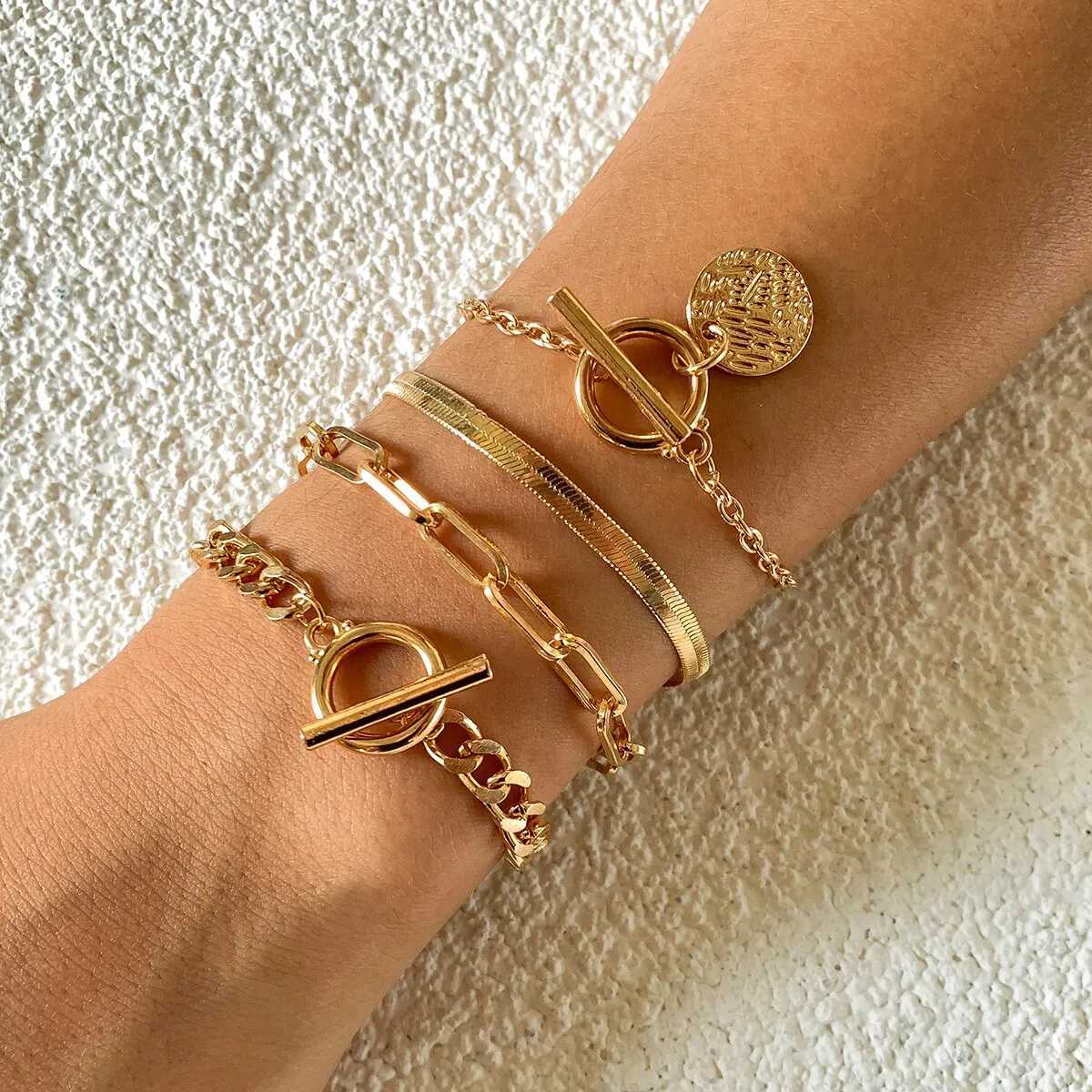 Punk Cuban Link Chain Coin Pendant Bracelet for Women on Hand Vintage OT Buckle Snake Chain Charm Bangles Couple Jewelry GiftXJ250109