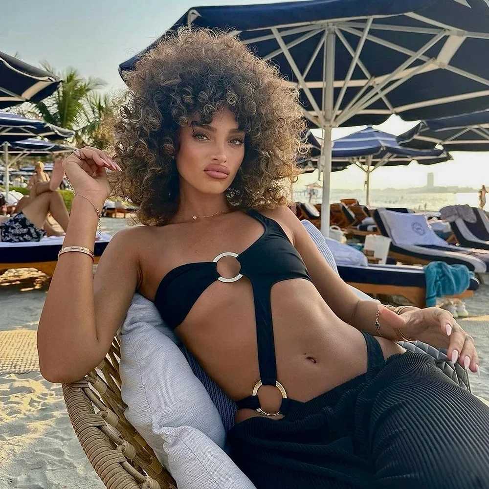 Two-Pieces Women One Shoulder 2024 Push-Up Padded Bra Black Swimsuit Swimwear Bathing Suit Beachwear Monokini FaXJ240108