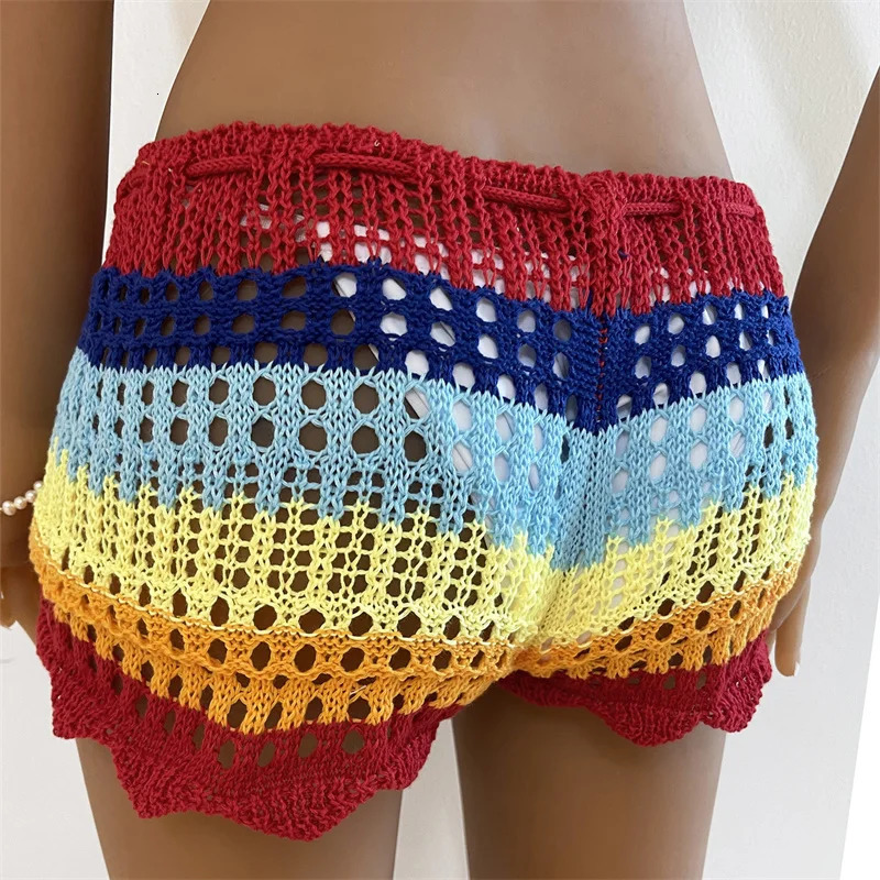 Lamuusaa Summer Skirt Cover Up Women Contrast Stripe Drawstring Hollow Out Crochet Knitted Skirts Sarongs Swimwear Beachwear 250108