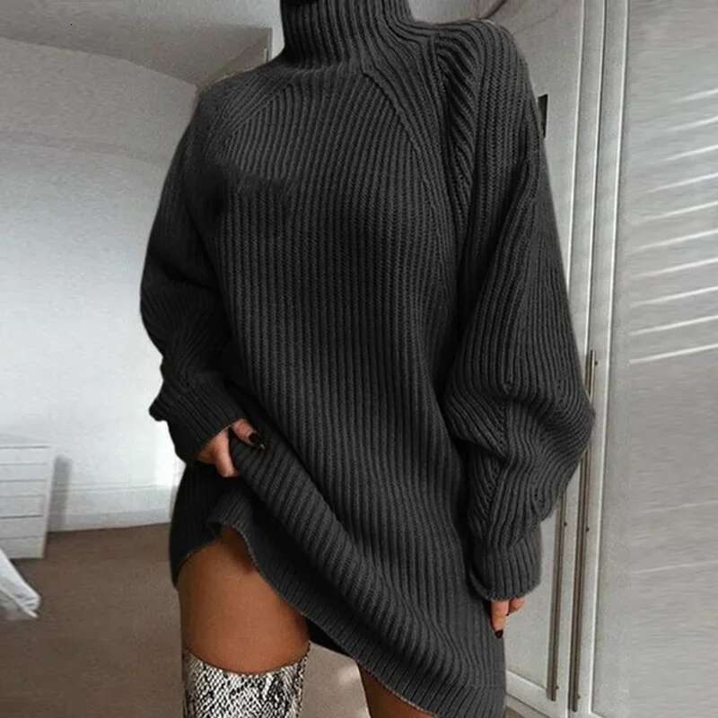 Women's Autumn Winter Turtleneck Solid Color Pullover Screw Thread Clothing Sweater Knitted Long Sleeve Loose Casual Tops