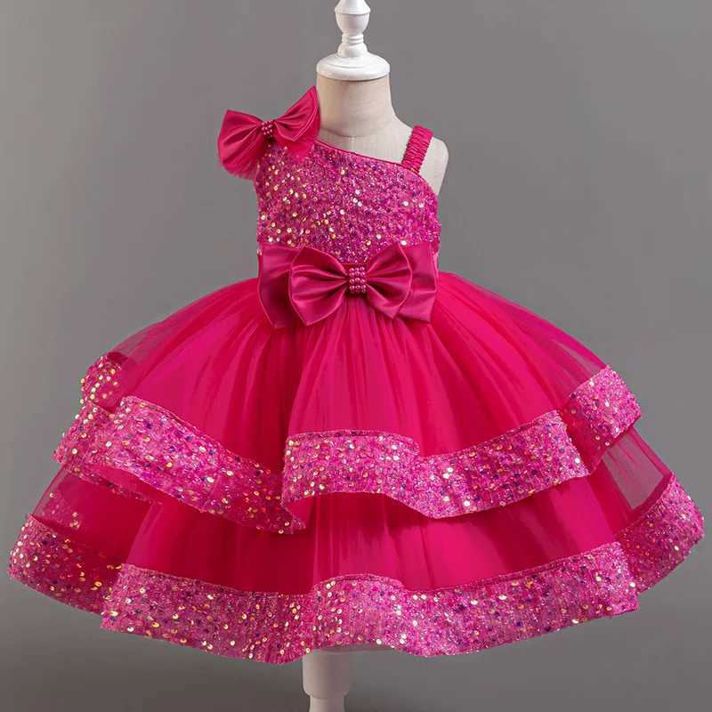 Girls Beaded Bow Tie Sequin Mesh Childrens Sleeveless Evening Dress School Graduation Par Multi Layered DressXJ250108