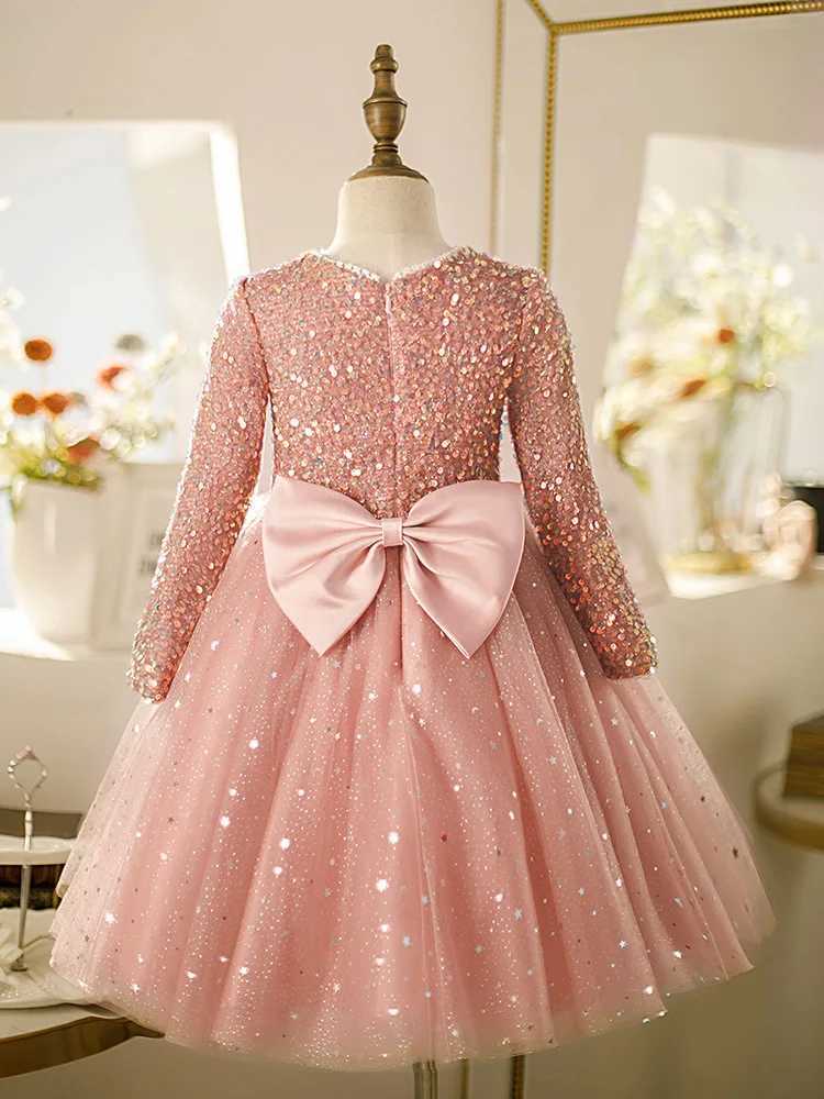 Sequin Flower Girl Dress For Wedding Princess Shining Pink Tulle Puffy With Bow Cute Kids Baby Birthday Par Dress Ball GownXJ250108