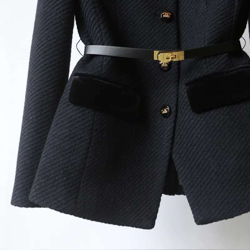 2024Autumn Winter New Woolen Mid-Long The Waist Fashion Coat Women Button Pure Colour Black Temperament Outerwear Female