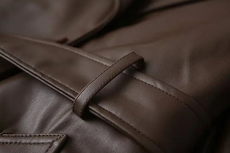 IEQJ Fashion Womens Pu Leather Trench Coat Lapel Long Sleeve Belt Solid Color Casual Windbreaker 2025 Autumn Jacket WM23 250103