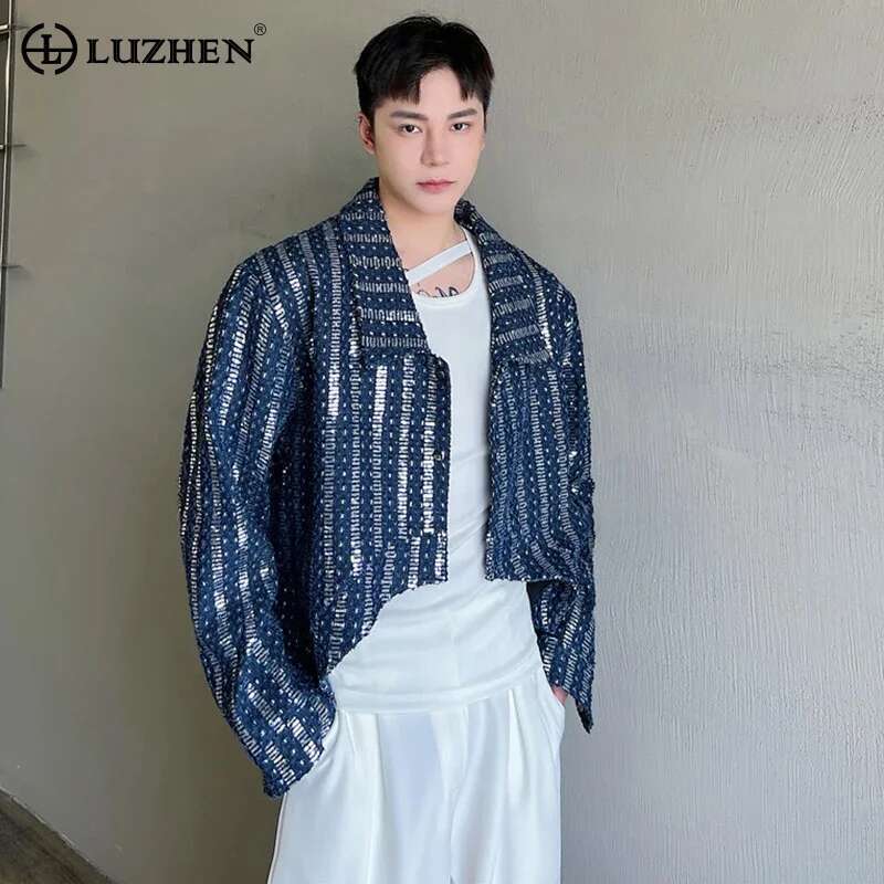 Denim Sequin Jacket Men's Short Coat Top Male Cardigan Fashion Long Sleeve Lapel Temperament Outerwear
