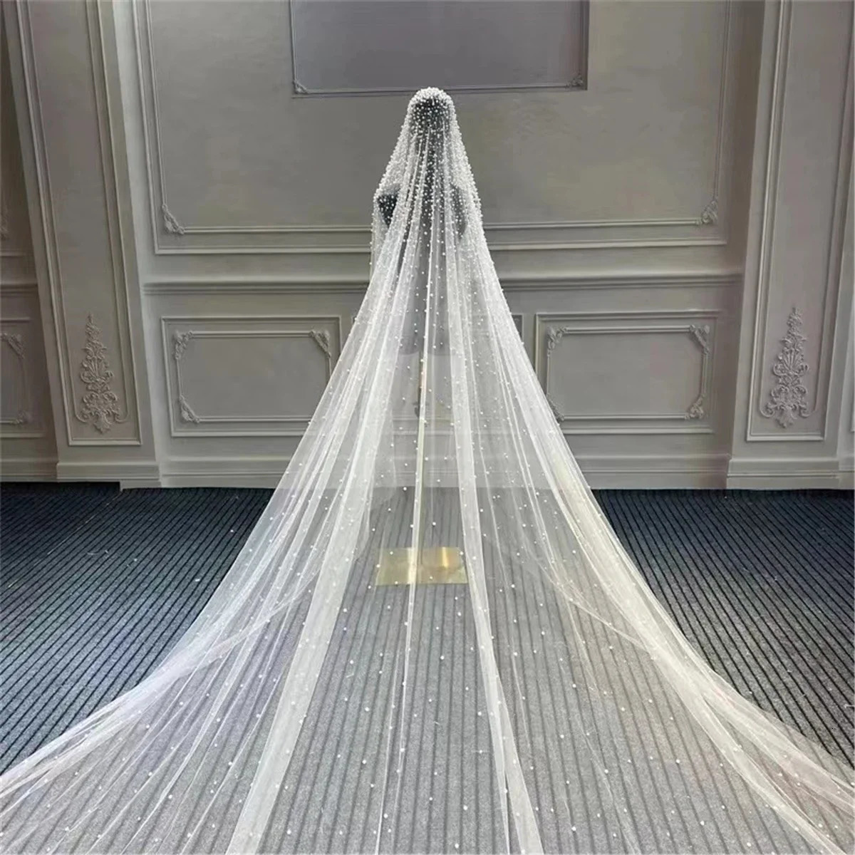 1Tier Wedding Veil With Pearls Long Bridal Veil Scattered Pearls Dense Pearls Mantilla Veil with Comb Cathedral Custom250108