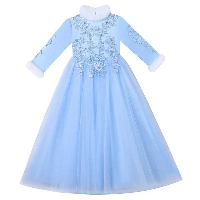 Fashion Children Evening Dresses Mesh Lace Long Sleeve Warm Girls Princess Dress Winter Kids Bridesmaid Dresses 4-14 YearsXJ250108