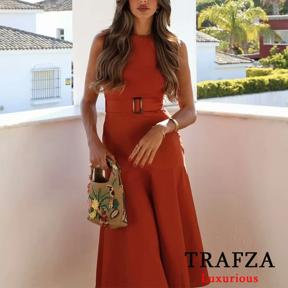 TRAFZA Elegant Solid Knitted Patchwork Midi Dress Women O Neck Sleeveless Belted Dresses Chic Lady Party 250106