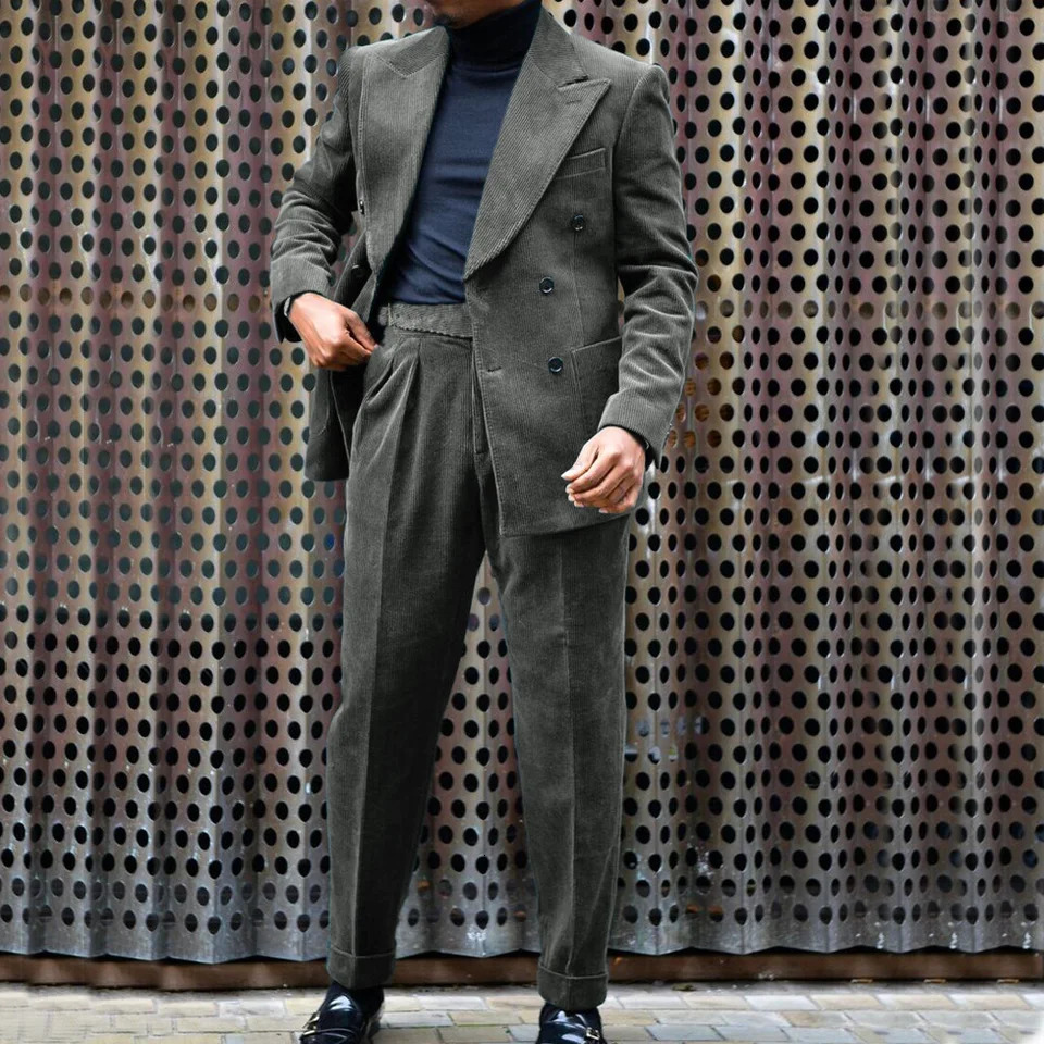 Mens Two Piece Suit Corduroy Double Breasted Slim Casual Elegant Suits for Wedding 2023 Man Jackets Costumes 250102