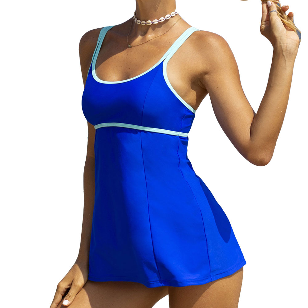 2025 New Arrival Women's Modest Swimsuits Contrast Binding Color Bloack Spaghetti Strap Navy Blue Mid Waist Tankini Set Women's Bathing Suit