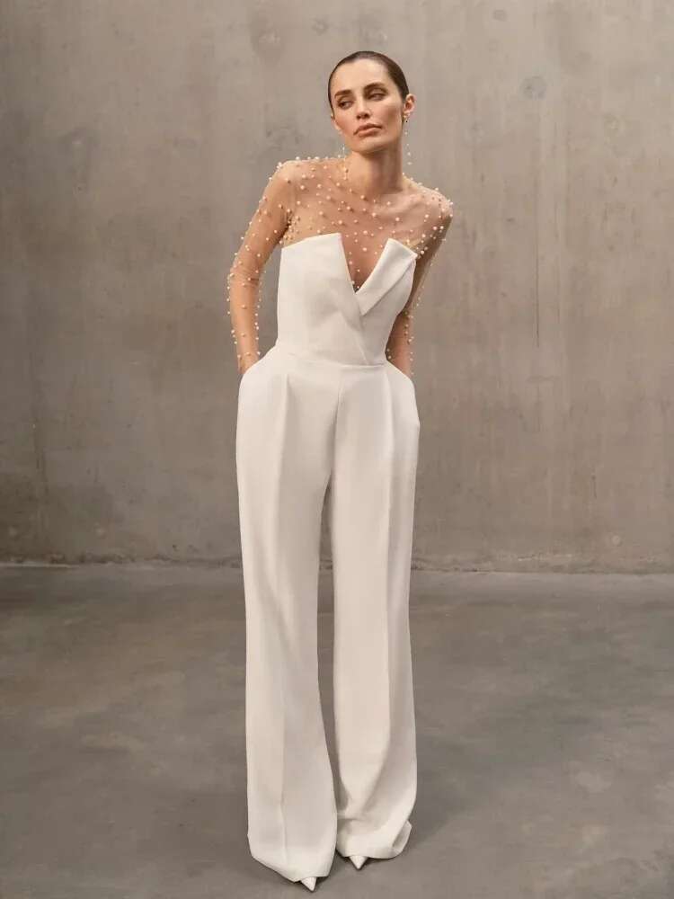 Sexy Long Sleeves Mesh Pearl Beaded Bodysuits+Strapless Two Piece Women White Jumpsuit Suits Evening Runway Sets