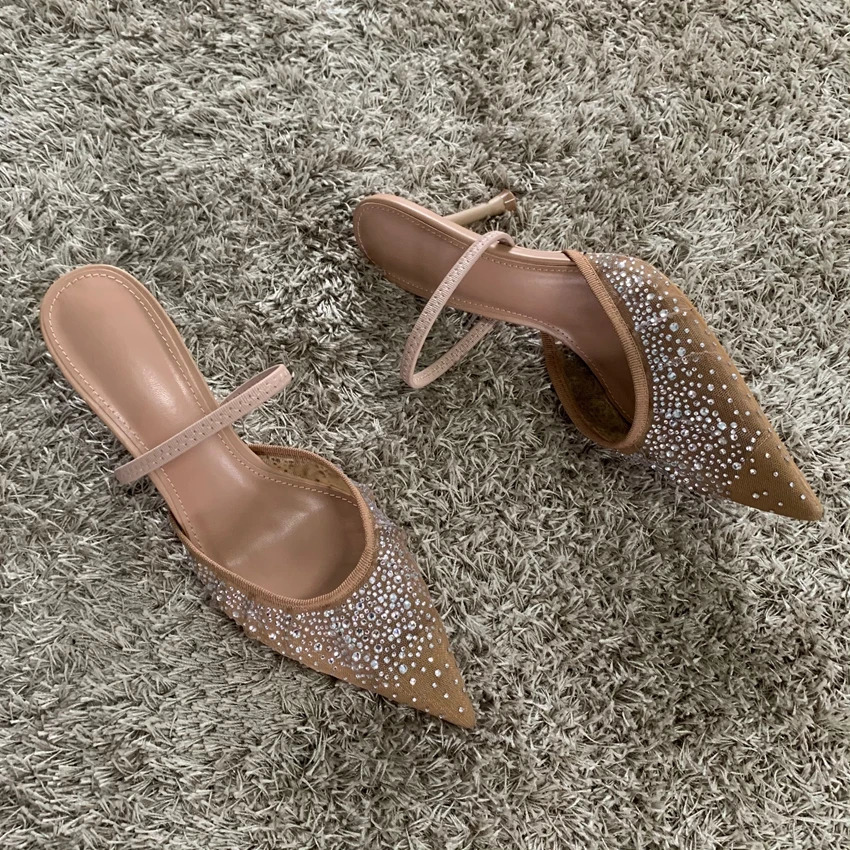 Summer Womens Sandals Rhinestone Bright Mesh High Heels Footwear Elegant Slingback Pointed Slip on Party Lady Pumps Shoes 250106