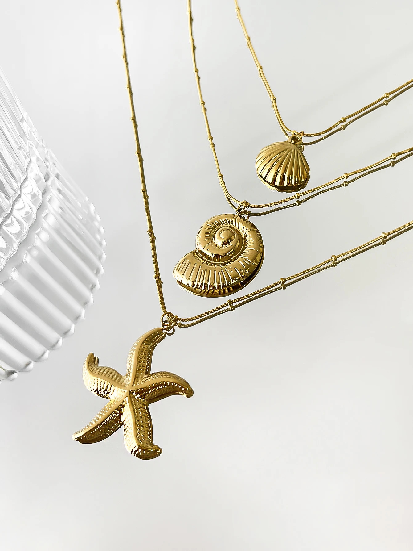 Perisbox Minimalist Starfish Stripe Conch Scallop Shaped Pendant Necklace for Women Waterproof Trend Jewelry Summer Beach Party 250109