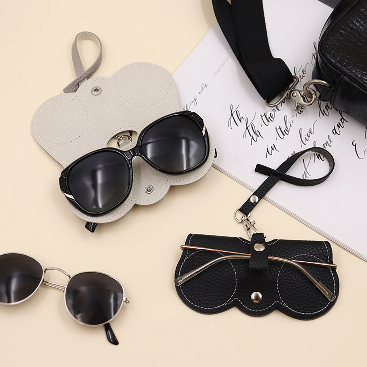 1pc Litchi Embossed Glasses Cover Cute Hanging PU Leather Sunglasses Reading Storage Bag Portable Travel Eyewear Holder 250109
