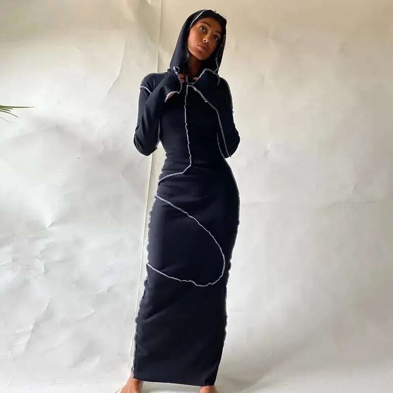 Dulzura Women 2024 Autumn Winter Fashion Sleeve Streetwear Bodycon Black Long Dress Wholesale Items For Business