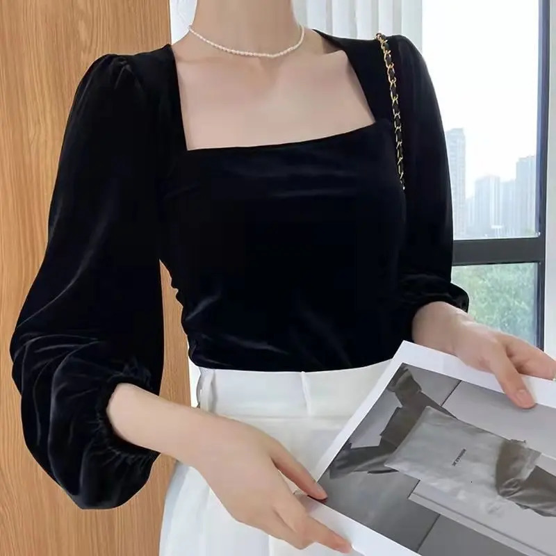 Chic Black Flannel Blouses Women Vintage Lantern Puff Sleeve Velvet Shirts Female French Style Square Collar Casual Tops 250109