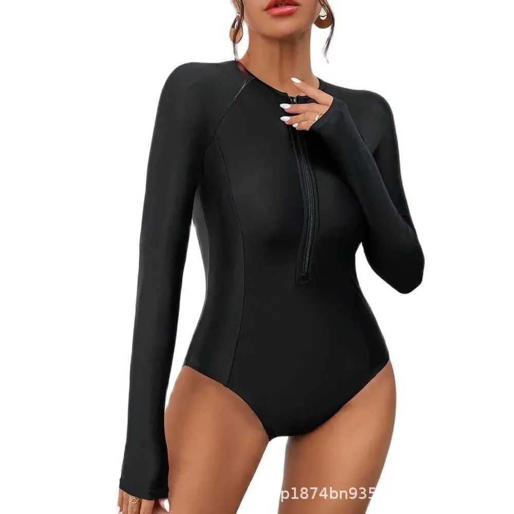 New Black Long Seve Swimwear Sports One-Piece Swimsuits Closed Surfing Bodysuit Womens Swim Bath Bathing Suit Beachwear PoolXJ240108