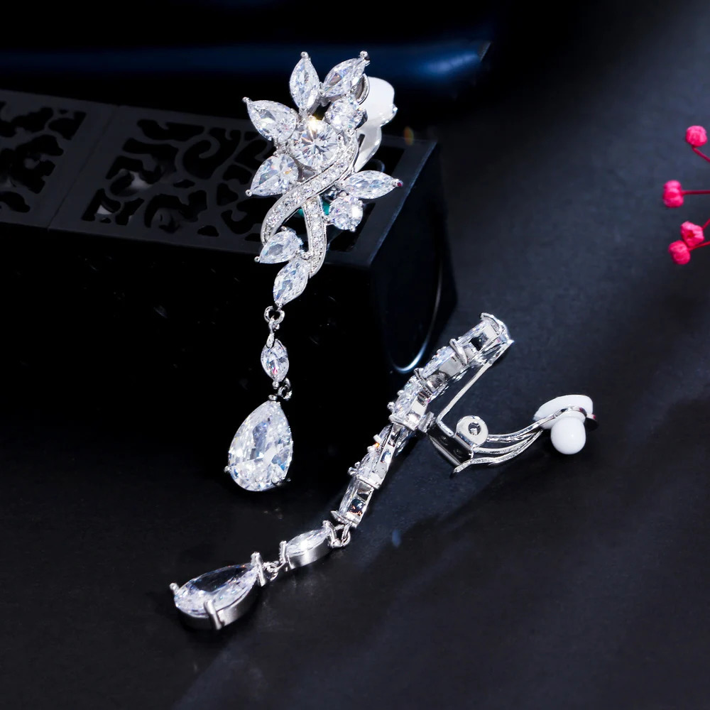 CWWZircons No Ear Hole Style Cubic Zircon Flower Drop Women Wedding Bridal Party Long Clip on Earrings without Piercing CZ274 250103