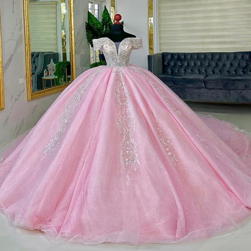 Pink Quinceanera Dresses Ball Gown Off The Shoulder Applique Lace Beading Tull Corset Party Birthday Sweet 16 Dress
