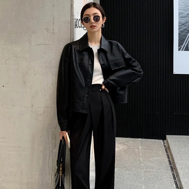 Black Cropped Leather Jacket Women Korean High Street Blazers Vintage Streetwear Moto Bike Autumn 250109