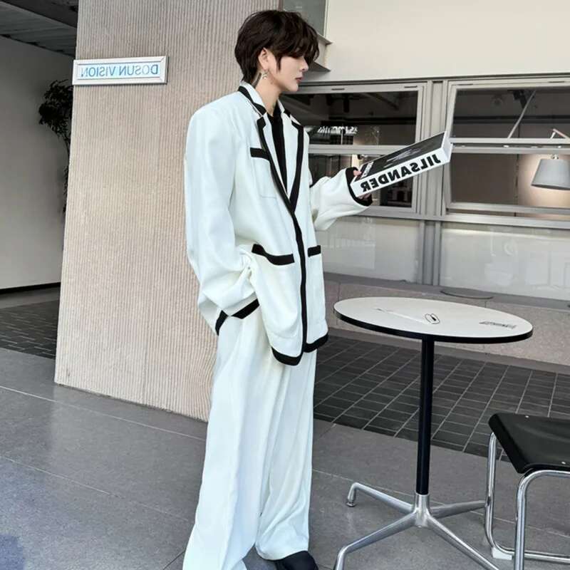 Patchwork Color Contrast Design Korean Suit Jackets Two-Piece Sets Elegant Trendy Handsome Straight Pants