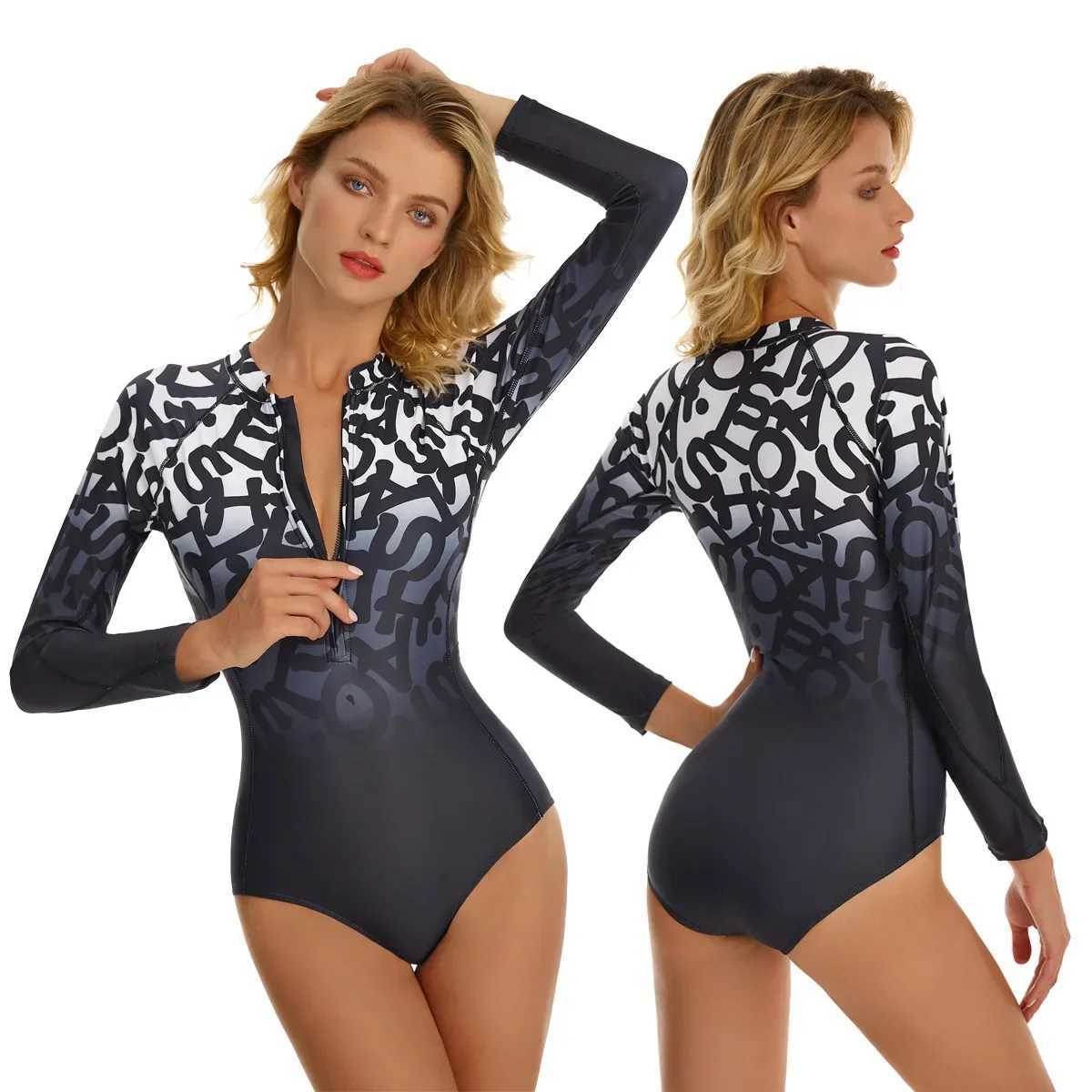 One Piece Swimsuit 2022 New Surfing Suit Long Seve Floral Print Swimwear Women Monokini Beachwear Bathing SuitXJ240108