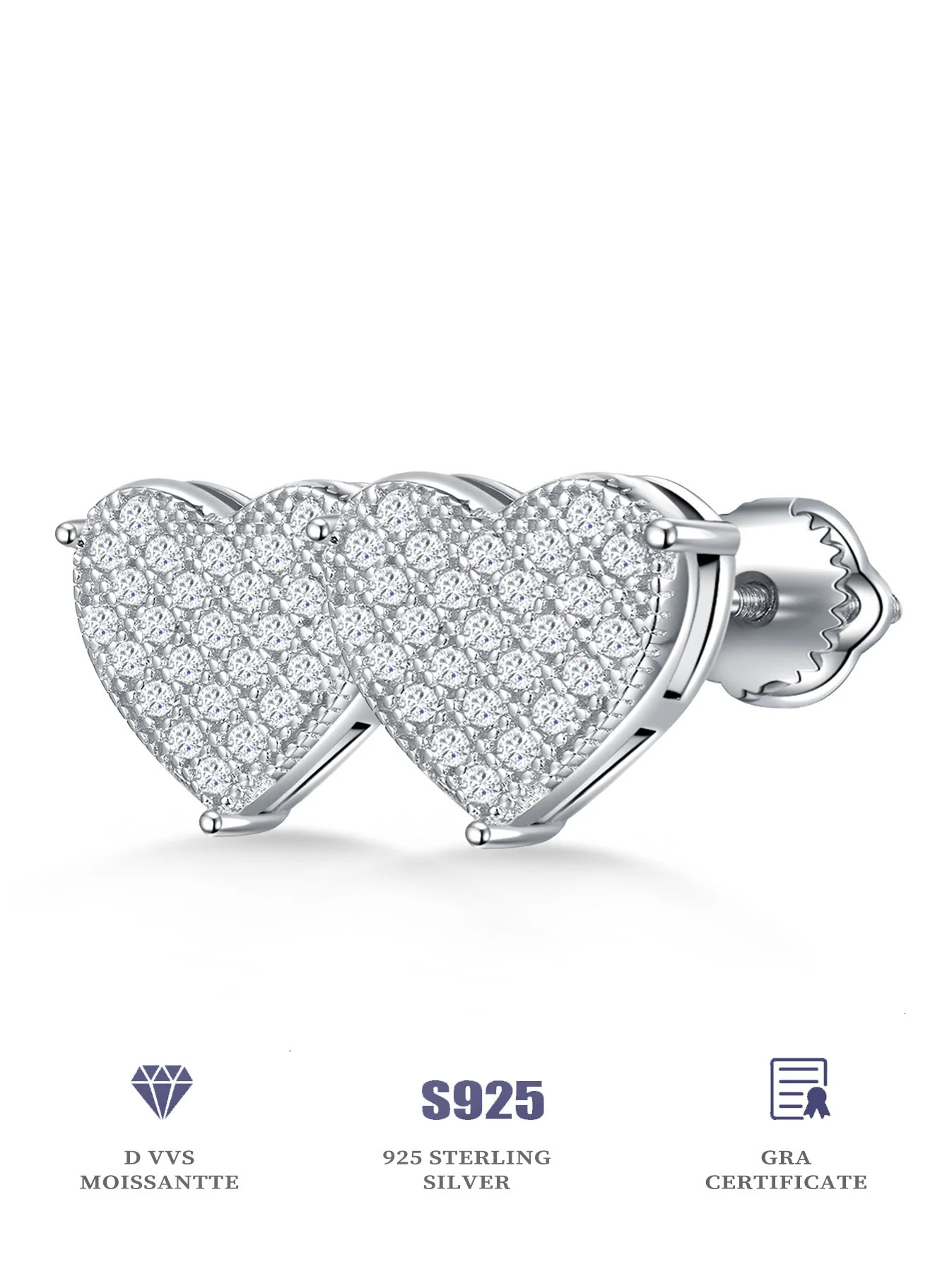 Heart Stud Earrings Paved Full Diamond 925 Sterling Silver Earring with Gra Certificate for Women 241216