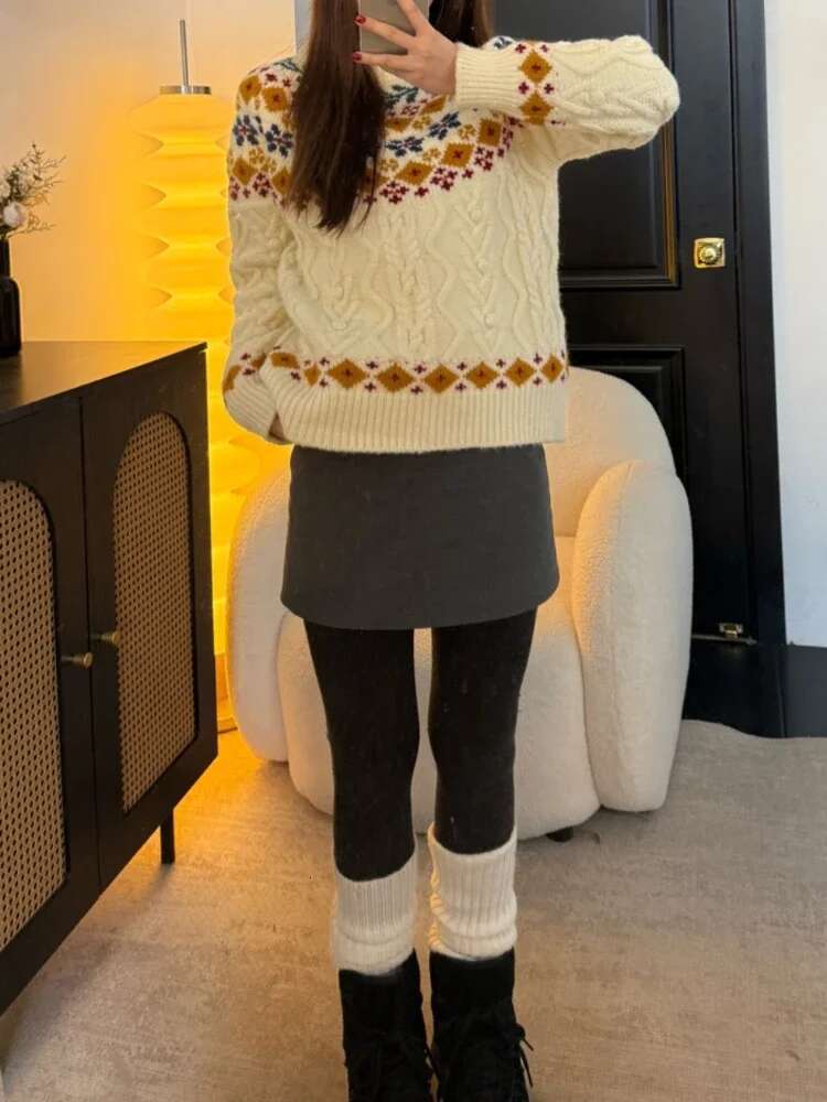 Crew Neck Fair Isle Sweater For Women Loose Vintage Jacquard Knitted Jumper Multi Color Geometric Outdoor Soft Pullovers