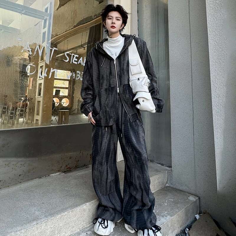 Autumn Tie-Dyed Design Fashion High Street Hooded Jacket Loose Casual Pants Men's Trendy Two-Piece Sets