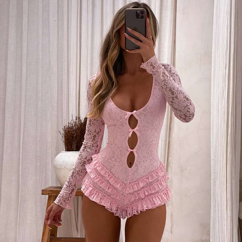 CUTENOVA 2024 New Autumn Sweet Pink Ruffle Long Sleeve Hollow Out Lace One-Piece V-Neck Crop Backless Pullover Romper Y2k