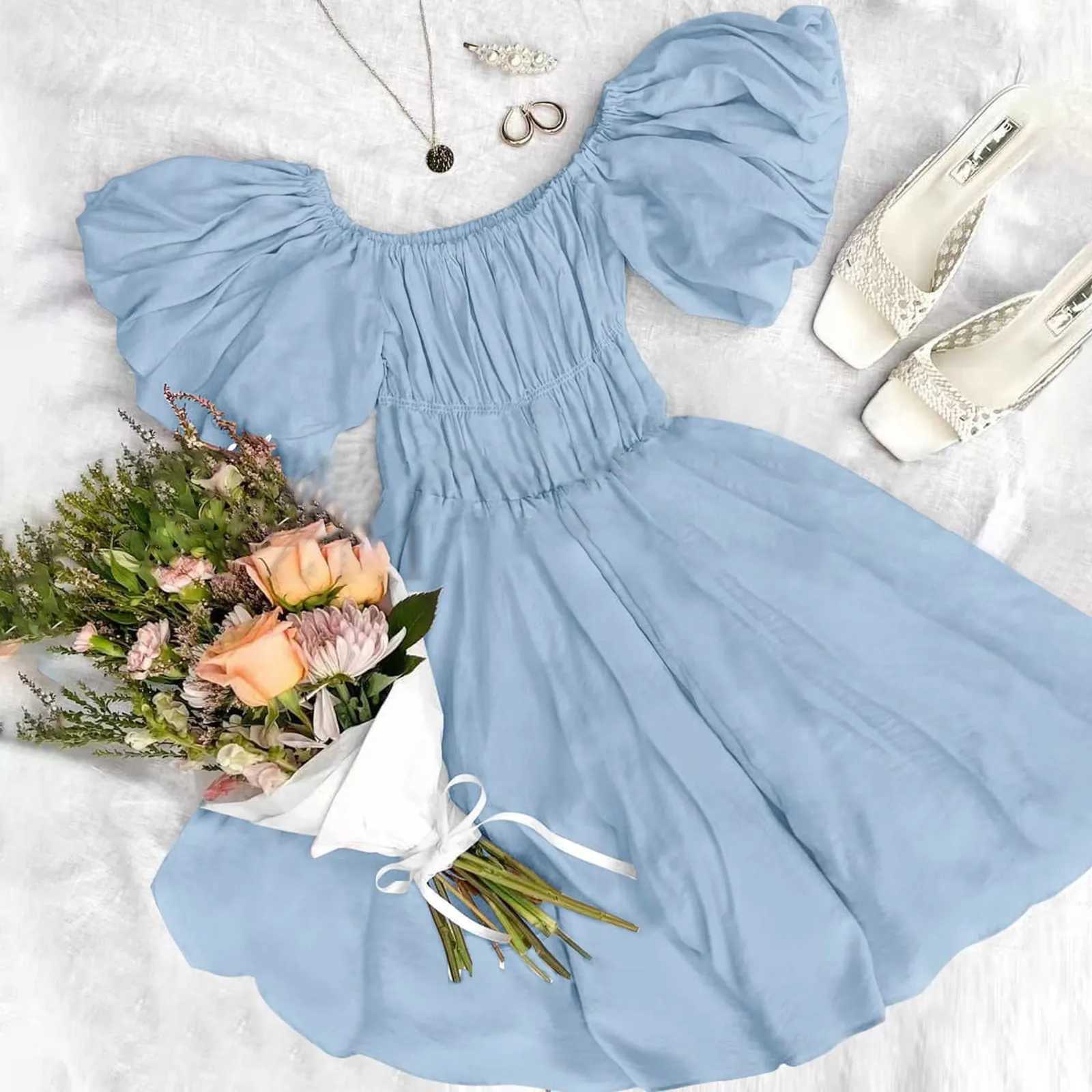 Summer fashion backless white beach dress for women elegant and sexy slanted collar ruffled casual A-line mini dress M250109