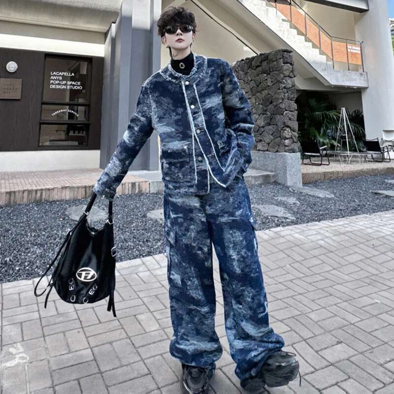 Autumn Long Sleeve Jacket Sets Burr Design Fashion Personalized Street Baggy Straight Pants Casual Two Piece
