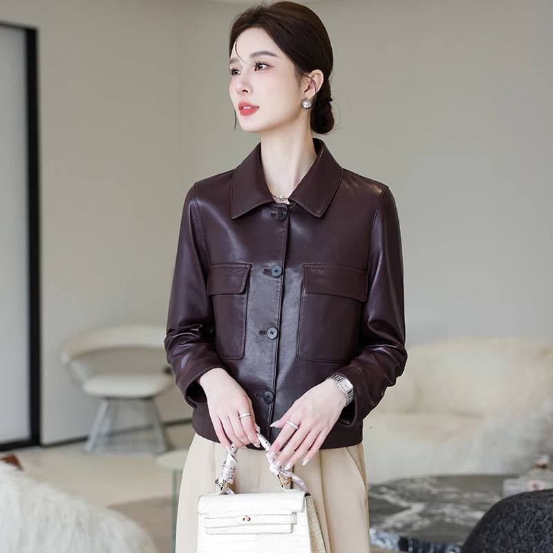 Genuine leather jacket womens short and highend sheepskin middleaged long sleeved fashionable lapel casual 250109