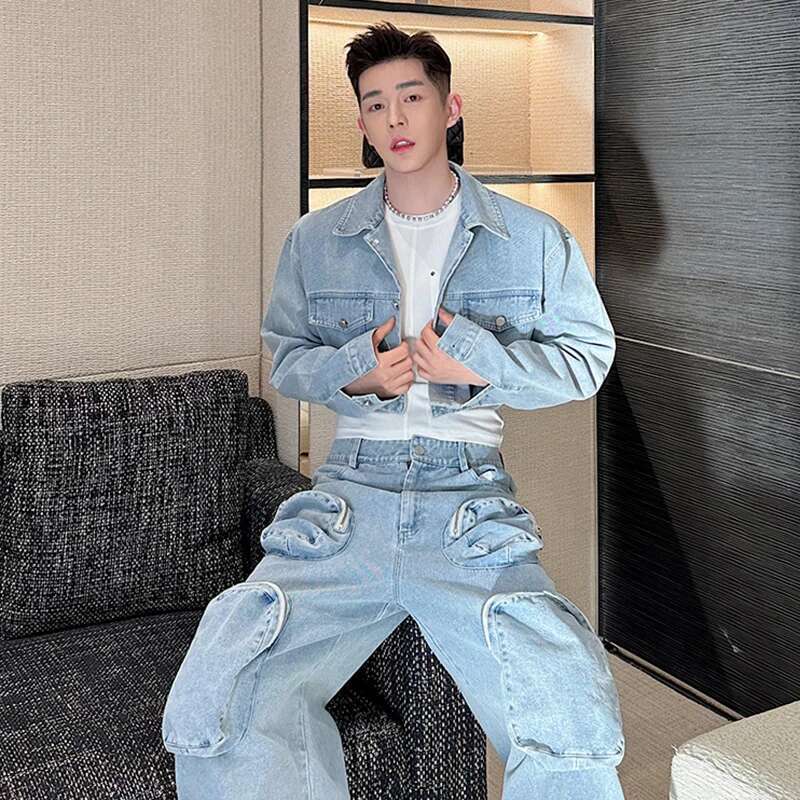 Autumn Stylish Splicing Design Denim Jackets Two-Piece Sets Men's 2024 Personality High Street Multi Pockets Pants