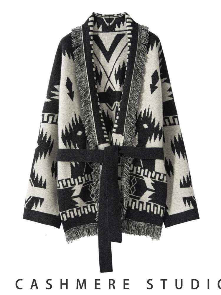 Women Vintage Tassels Cardigan 100% Cashmere Knit Jacquard Sweater Coat Autumn Winter High Quality Female Clothing Tops