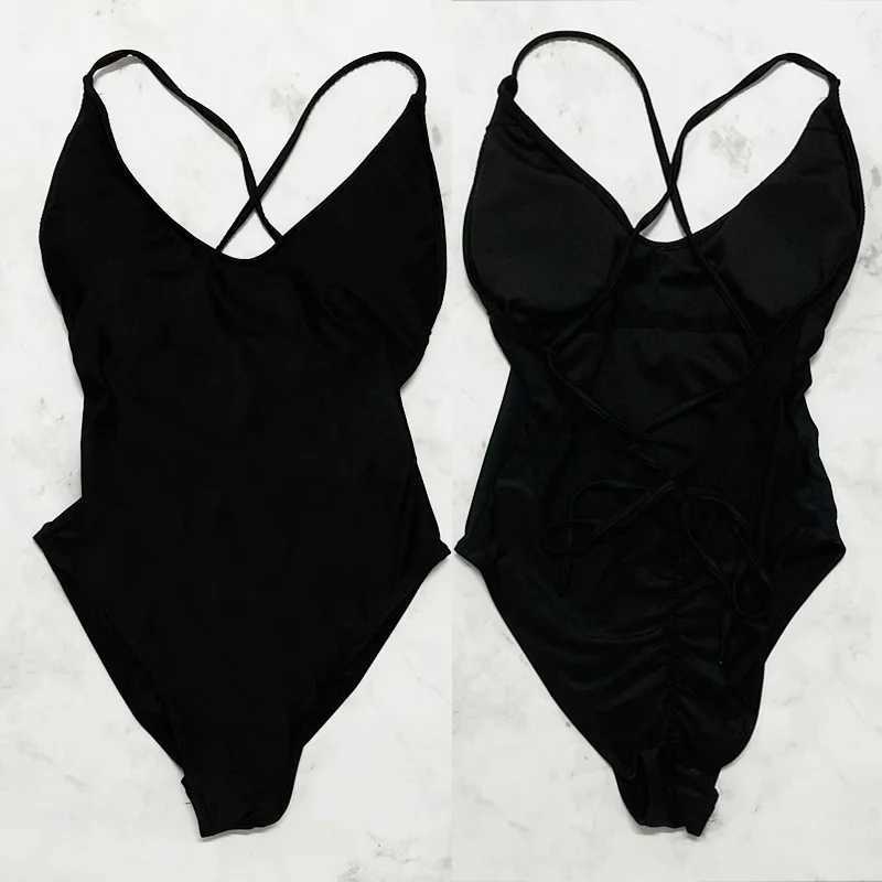 Sexy Fa Swimsuit With Chest Pad 1-Piece Swimwear Women Monokini Bandage Swimming Suit S-3XL Black Push Up Bathing SuitsXJ240108