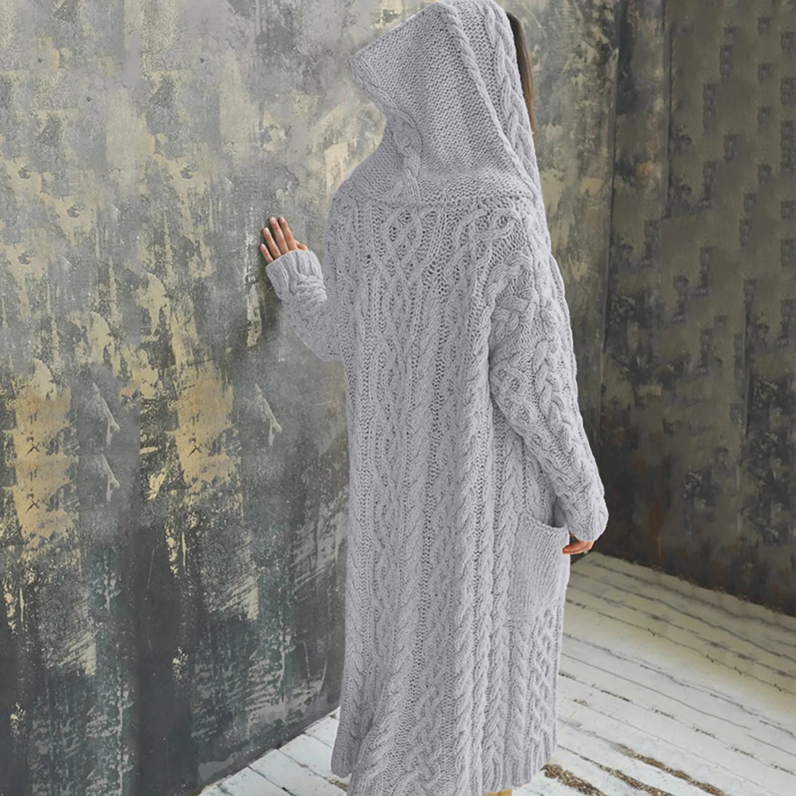 Long Sleeve Loose Cardigan Coat Solid Sweater Winter Long Knitted Pocket Loose Women Cardigan Hooded Limited Sweater Women 250106