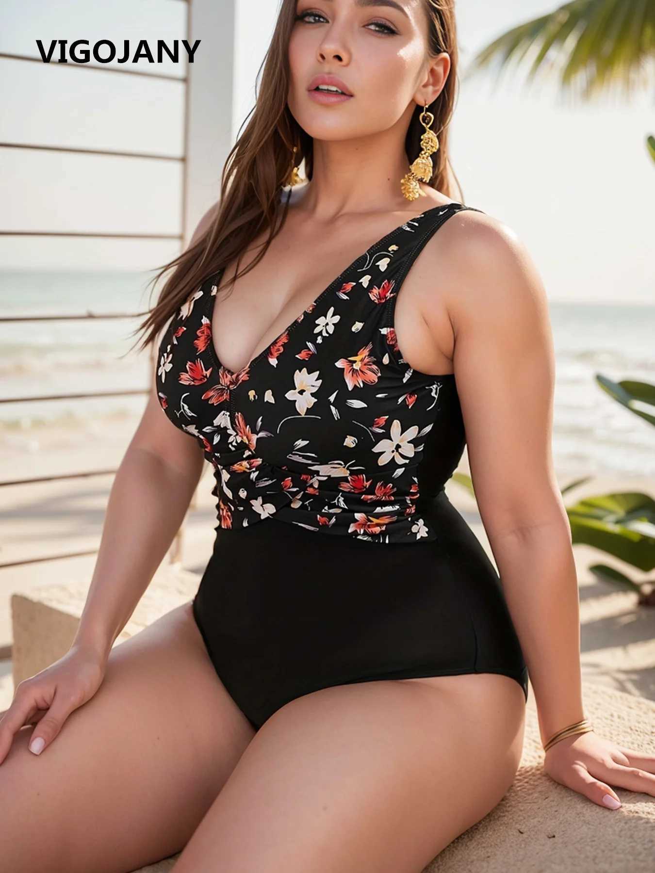 VigoJany Floral Print Plus Size Swimwear Women 2025 Large One Piece Swimsuit Ladies V Neck ss Chubby Big Bathing Suit SwimXJ240108
