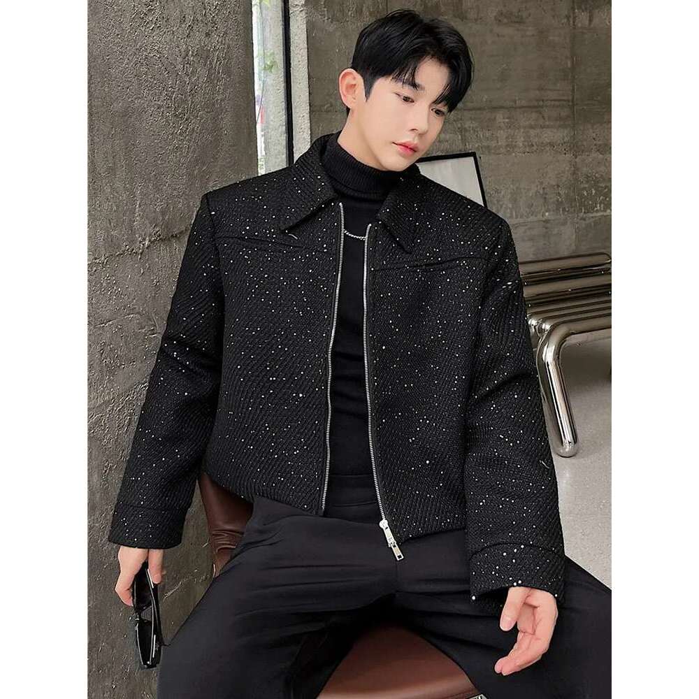 Stylish New Elegant Short Jacket Men's High Quality Trendy Sequin Outerwear Double Opening Zipper Korean Coat B2d7e9