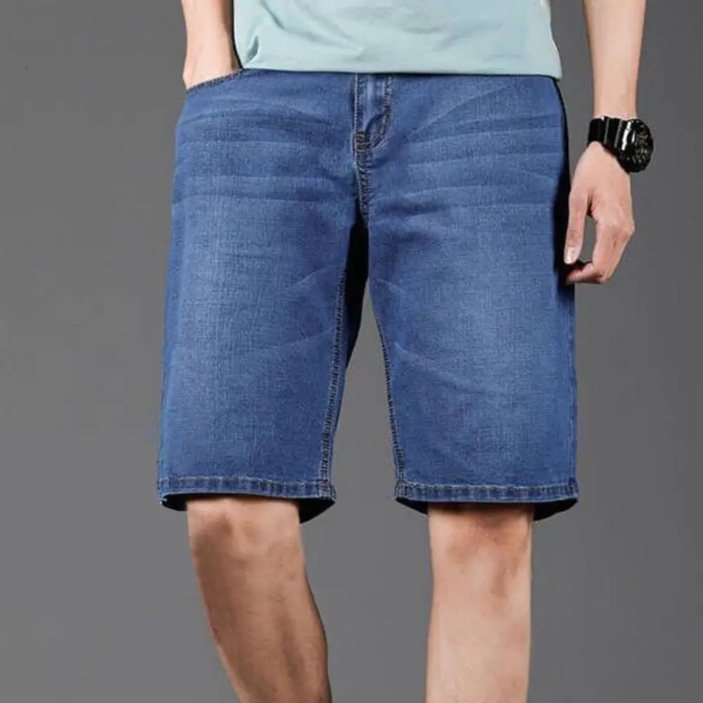 Summer Mens Denim Shorts Fashion Solid Color Casual Loose Multipocket Straight Fiveminute Pants Elastic Knee Jean 250107