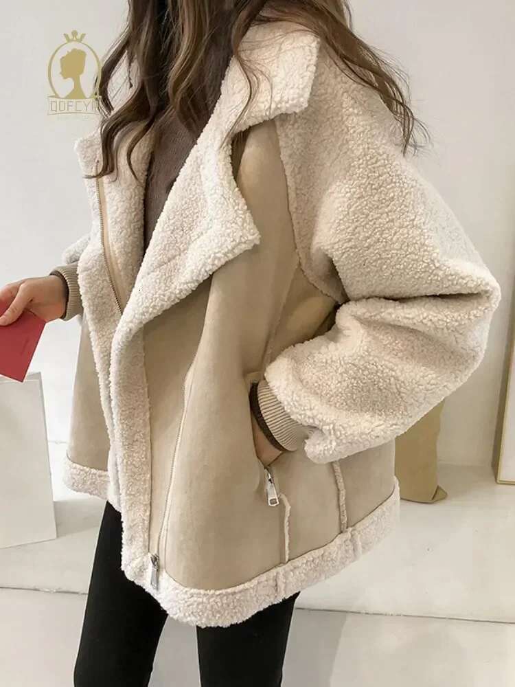 Autumn Winter Womens Coats New Fashion Casual Loose Patchwork Outerwear Harem Korean Vintage Crop Pockets Lambhair Jacket Women