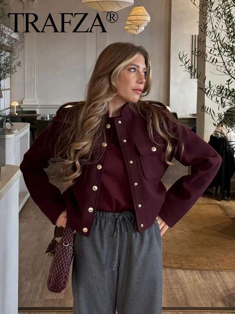 Women Vintage Wine Red Coat O Neck Long Sleeve Single Breasted Jacket With Pockets Autumn Casual Office Lady Outerwear