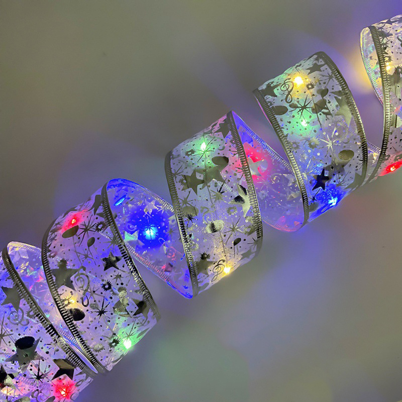 Cross-border LED ribbon string Christmas tree decorative light string satin light gift box decorative ribbon flashing light string Silver strap