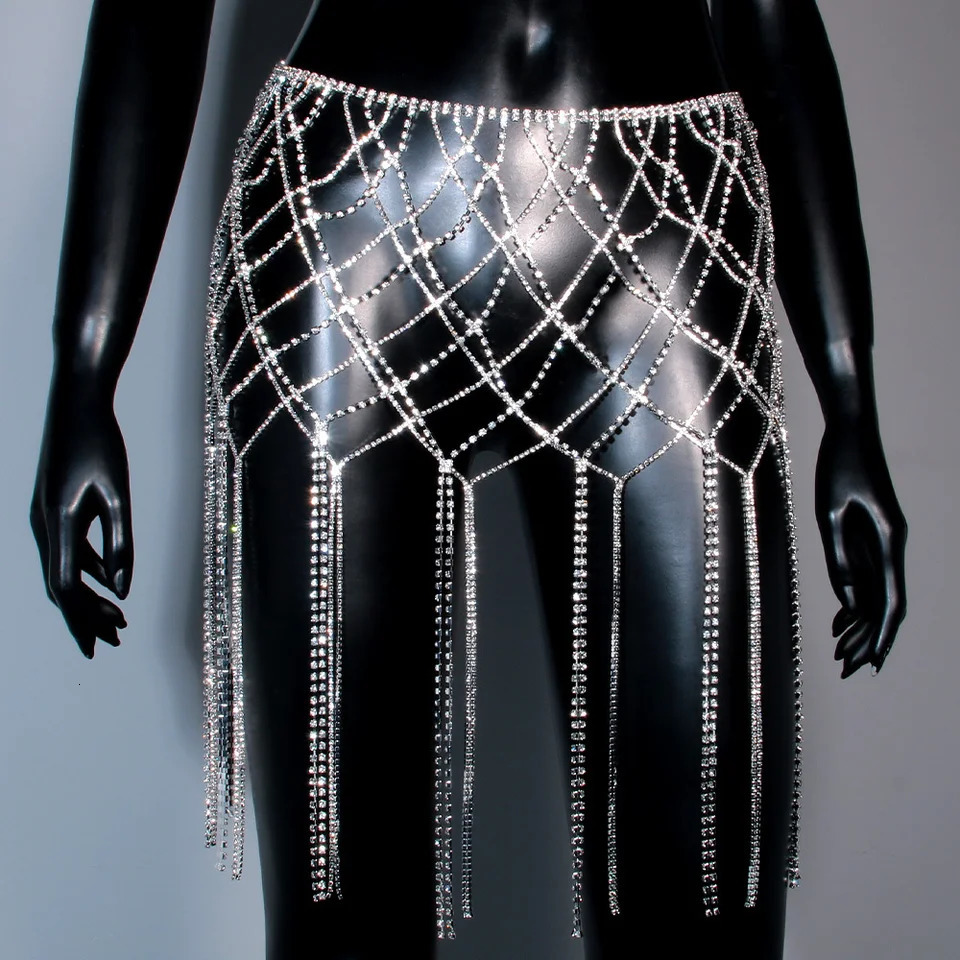 Crystal Sexy Net Skirt Bling Rhinestone Waist Chain Clubwear Party Body Chain Women Rave Festival Outfit 250107