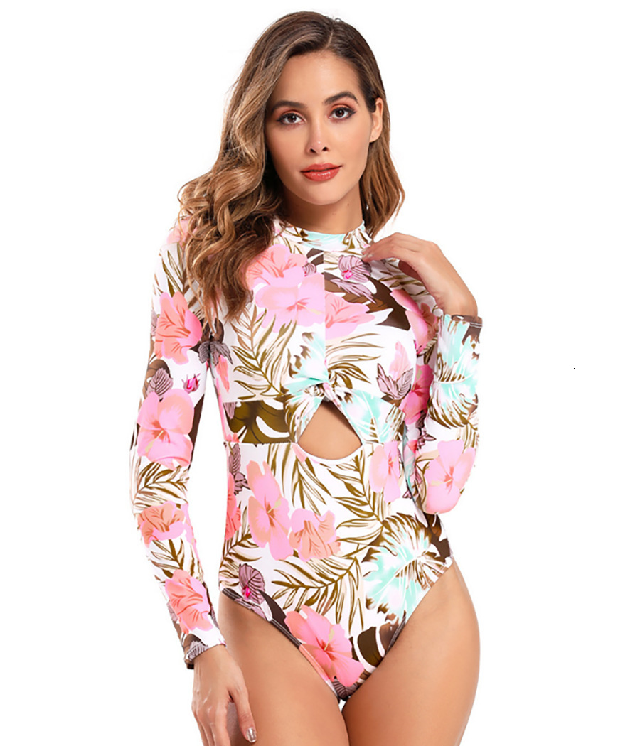 Printed one-piece conservative surfing swimsuit 2025 new small fresh long sleeved sports swimming quick drying designer trendy beach swimsuit