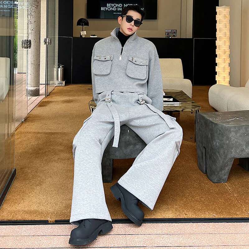 Street Men's Stylish Two Piece Set High Quality Pockets Splicing Design Tops Casual Cargo Pants Clothes Loose