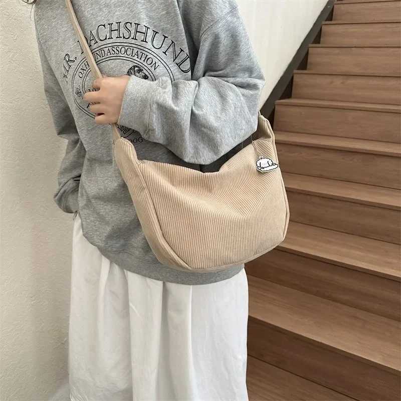 Black Corduroy Bags for Women Japanese Canvas Large Single Shoulder Crossbody Dumpling Bag Student Korean Casual Simple HandbagXJ250108