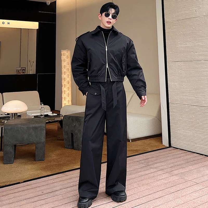 Stylish Double Zipper Design Casual Jackets Loose Straight Tube Pants Men's Trendy Two-Piece Sets Autumn New Ae0bff