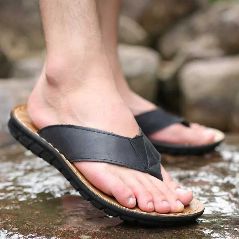 New Arrival Summer shoes mens slippers leather mens flip flat mens sandals holiday non slip black khaki A673 T250108