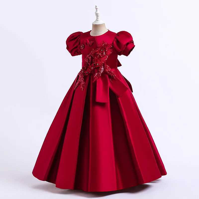 New Girls Satin Handmade Beaded Puffy Princess Bubble Sleeve Piano Host Birthday Performance Par Birthday DressXJ250108